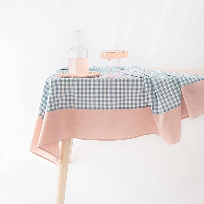 MONDAY MOOSE Gingham Checkered Farmhouse Rustic Picnic Style Decoration Rectangle Natural Stonewashed Cotton Tablecloth for Kitchen, Dining Room, Restaurant (55x70 inch, Blue/Clay)