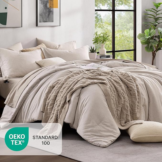Monbix California King Comforter Set - 7 Pieces Cationic Dyeing Oatmeal Bed in a Bag Cal King Bed Sets with Comforter, Sheets, Pillowcases & Shams, Reversible Bedding Comforters Sets