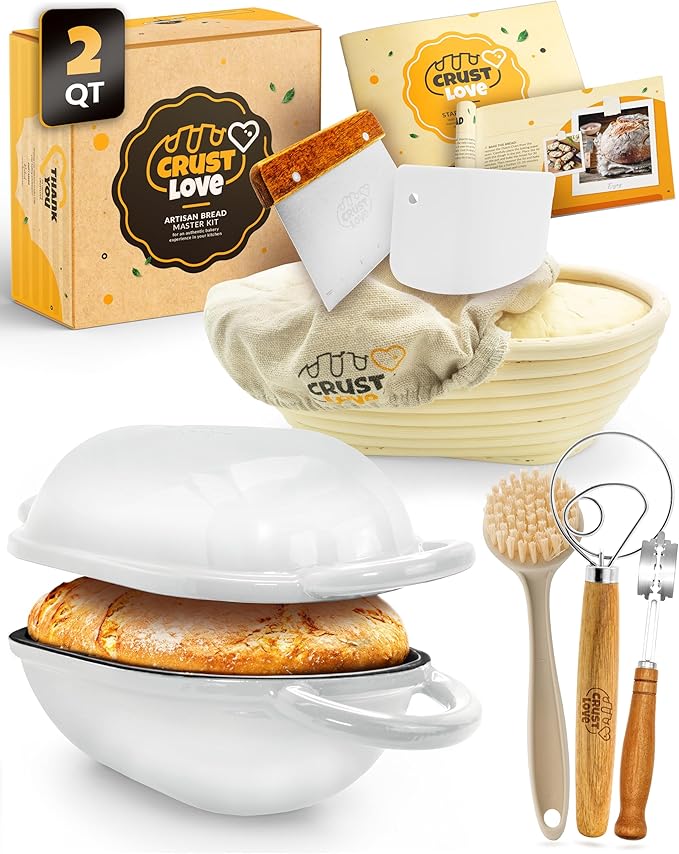 Loaf Pan for Bread Baking - incl. Sourdough Bread-Baking Supplies like Banneton Bread-Proofing Basket - 2QT Enameled Oval Cast Iron Dutch Oven, Bread-Oven, Sour Dough Bread-Banking-Pan Tools