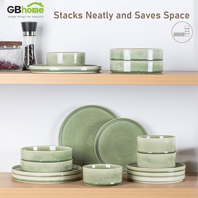 GBHOME 18-Piece Stoneware Dinnerware Set for 6 – Ribbed Ceramic Plates and Bowls, Scratch-Resistant, Microwave & Dishwasher Safe, Reactive Glaze, Light Green
