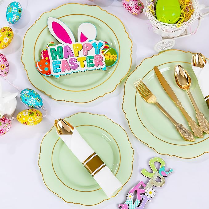 Liacere 350PCS Light Green Plates - Disposable Green and Gold Plastic Plates 50guest Baroque Dinnerware include 100Plates,50Pack Pre Rolled Napkins with Silverware 50Cups for Wedding ＆ Easter Day
