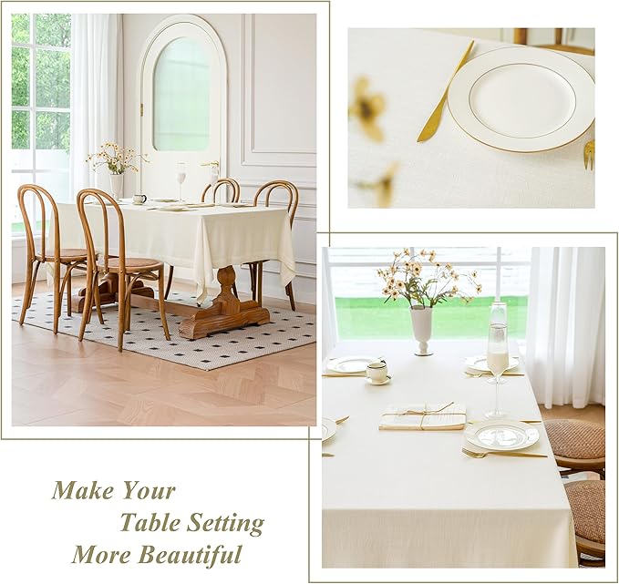 Linen World Linen Tablecloth 90x60 Inch, Rectangular Tablecloth Luxury Texture & Linen Look – Soft, Cool & Breathable Linen Blend Tablecloth for Dining, Kitchen, Outdoor, Easter-Creamy White