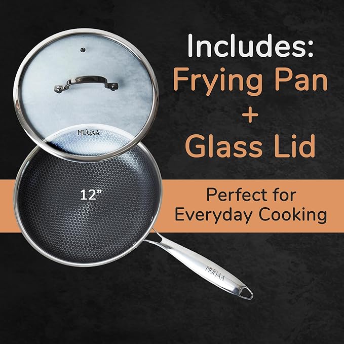 12” Non-Stick Stainless Steel Frying Pan with Lid | Honeycomb Hybrid Skillet for Induction, Gas & Electric Stovetops | Oven Safe, Dishwasher Safe | Premium Gift Packaging