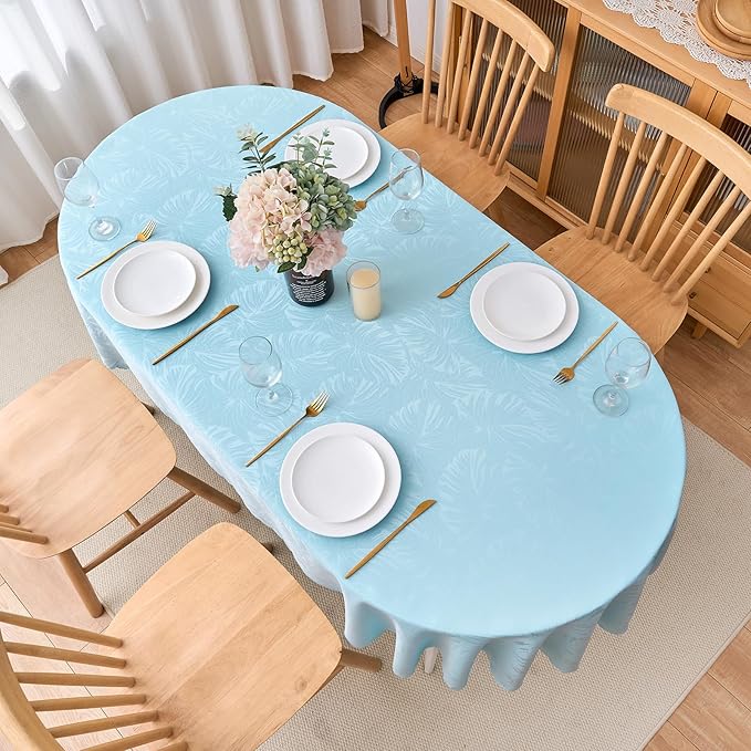 Oval Tablecloth 60x84 Inch Blue Table Cloth Leaves Pattern Scalloped Edge Silky Soft Fabric Waterproof Wrinkle Free Washable Table Cover for Kitchen Dinning Party Decoration