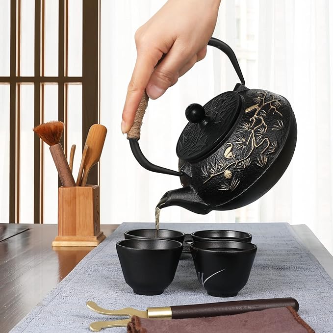RekRang Longevity Crane Cast Iron Teapot, Japanese Style Tetsubin Tea Kettle with 4 Cups, Removable Infuser and Trivet, Antique Cast Iron Tea Set for Stove, 800ml, 28Ounce