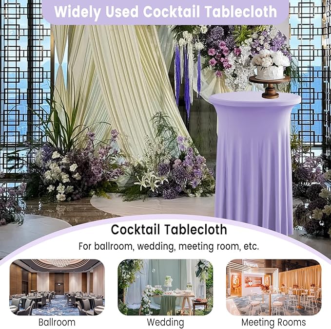 Qubjus 2 Pack Round Cocktail Table Covers with Skirt Stretch Spandex Tablecloth 32"x43" Cocktail Round Tablecloth for Party Wedding Birthday Banquet, Light Purple