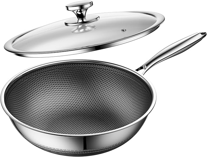 Wok,Hybrid 12-Inch Wok with Lid,Nonstick Stainless Steel Woks & Stir-fry pans,Dishwasher-Friendly,PFAS PFOA PTFE Free, Oven-Safe Up to 600°F,Compatible with All Cooktops