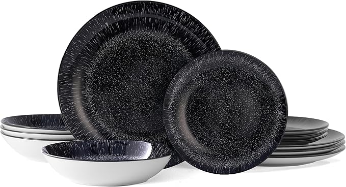 Bestone 12-Piece Round Porcelain Dinnerware Set, Service for 4, Chip Resistant Plates and Bowls,Black, Dishwasher & Microwave Safe for Home Daily Use
