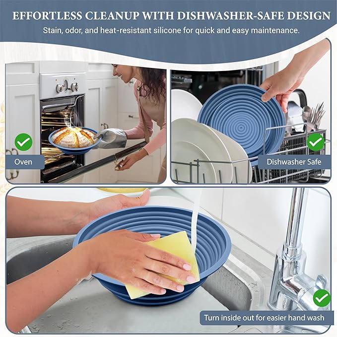 Premium Foldable Silicone Sourdough Banneton Basket | Bread Proofing & Baking Basket Set - Includes Oval & Round Bowls (9.5 Inch) - Oven & Dishwasher Safe, Gifts for Bakers - Blue