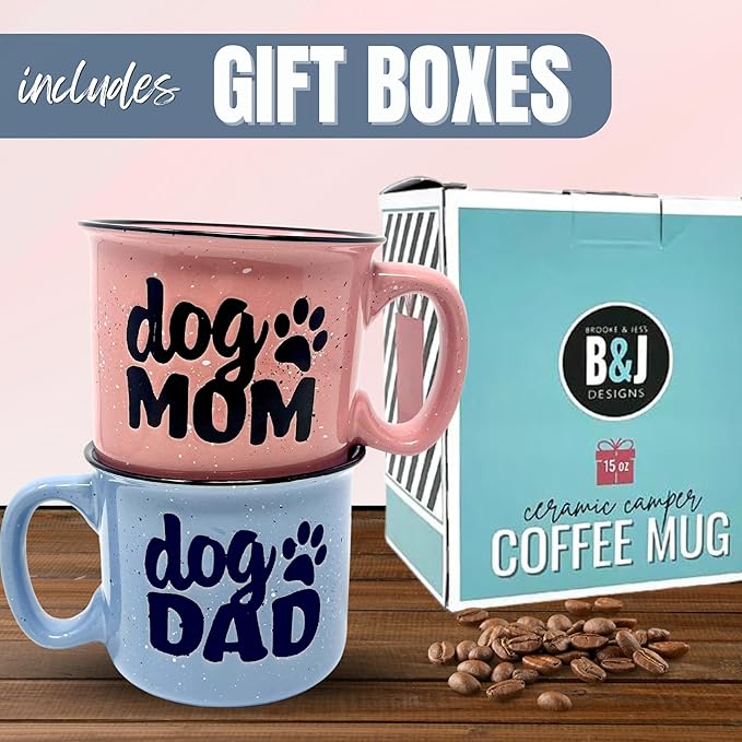 Dog Mom and Dog Dad - Cute Funny 15 oz Coffee Mug Gift Set for Dog Lovers, Dog Parents - Fur Mama - Unique Fun Gifts for Pet Lovers - Large Sturdy Ceramic Travel Coffee Cups & Mugs with Quotes