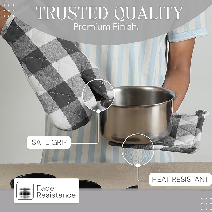 Oven Mitt & Pot Holder Buffalo Plaid Check 100% Cotton Heat Resistant Oven Gloves (7"x13") & Hot Pads (8"x8") Combo for Baking, Cooking - Grey