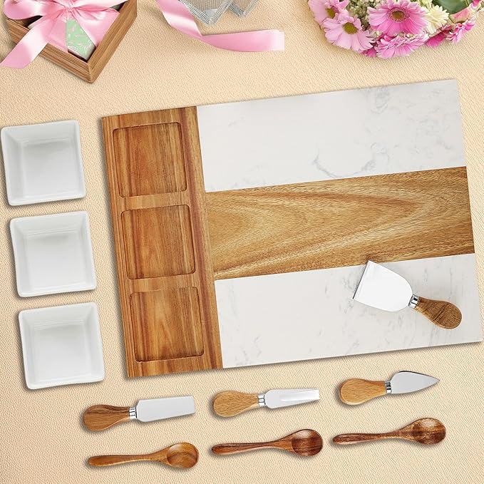 Marble Cutting Board Set, Charcuterie Cheese Boards, 3 Bowls, 3 Spoons, 4 Charcuterie Utensils, Meat, Fruits, Vegetables, Housewarming, Wedding - Marble Blank