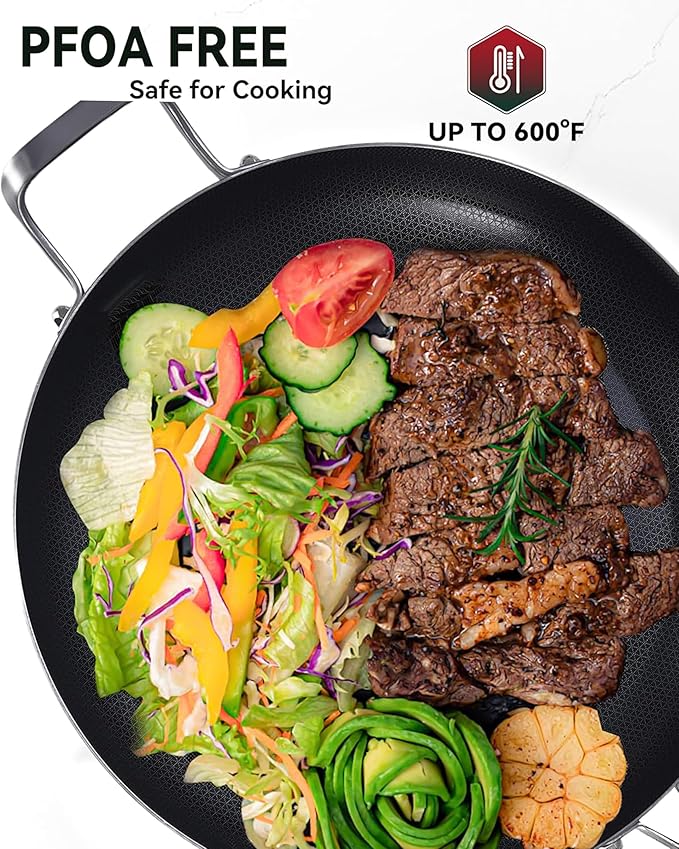 12 Inch Non-Stick Ceramic Stainless Steel Frying Pan - With Lid & Helper Handle, Induction Compatible Skillet, Dishwasher & Oven Safe Up to 600°F, Detachable Handle, Perfect for 4 People