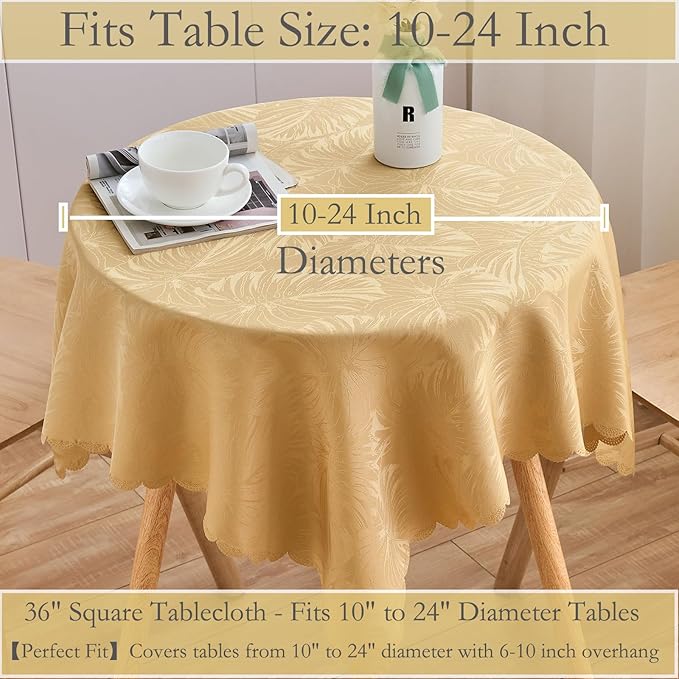 Square Tablecloth Small Table Cloths 36x36 Inch Up to 22" Tables Leaves Pattern Scalloped Edge Waterproof Jacquard Nightstand End Table Cover for Coffee Teapoy Table Room Decor (Golden)