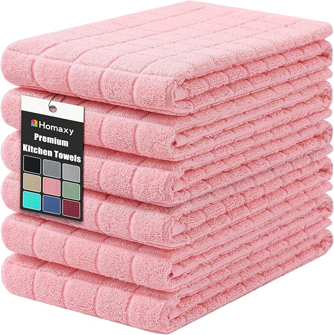 Homaxy Premium Cotton Kitchen Towels 16"x 28", Large Natural Ring Spun 390 GSM Dish Towels, Super Absorbent Terry Kitchen Hand Towels, Soft Tea Towels with Hanging Loop, Pure Pink Design, 6 Pack