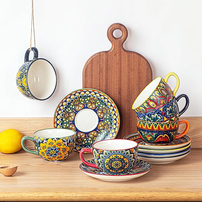 Henten Home 8.5 oz Cup with Saucers Set, Ceramic Coffee Mug Set of 6, Colorful Porcelain Cup for Latte, Tea, Cappuccino, Hot Cocoa, Espresso, Microwave & Dishwasher Safe
