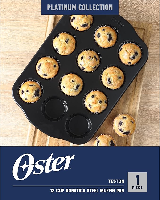Oster Teston 12-Cup Muffin Pan, Nonstick Carbon Steel Cupcake Baking Tray, Matte Black, PFAS-Free, Easy Release, Oven-Safe Bakeware
