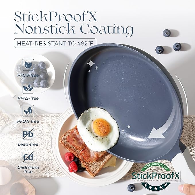 PRICUSIS 8Pcs Nonstick Ceramic Frying Pan Set with Lid, 8+10+12 Inch Induction Compatible, Stay Cool Handle, Fully Coated, 100% Dishwasher Safe, PTFE PFAS & PFOA Free Omelet Pans (Blueberry Gray