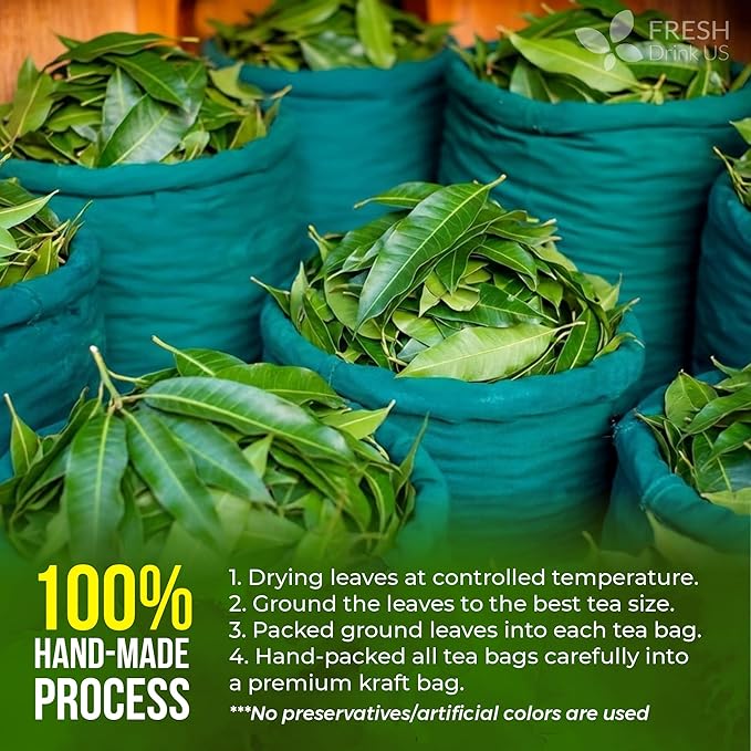 FreshDrinkUS, Premium 100 Mango Leaf Tea Bags, Hojas de Mango secas, 100% Natural & Pure, Loose Leaf Herbal Tea. Non GMO, No Sugar, No Caffeine, No Gluten, Vegan