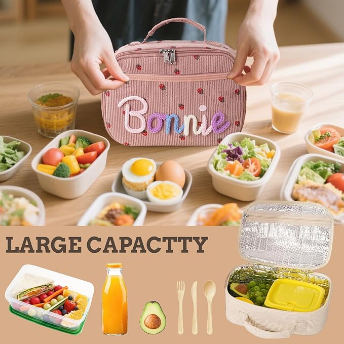 Personalized Kids Insulated Lunch Bag with Name & Logo, Customization Portable Preppy Children Lunch Box Bag for Girls, 3-Lays Insulated Large Lunch Tote Toxes for School Travel Picnic, Birthday Gifts