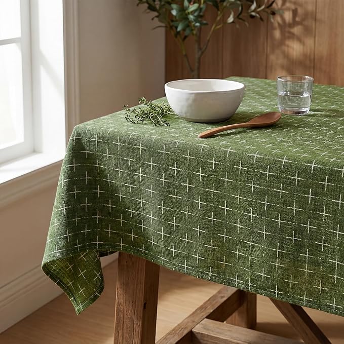 Horaldaily Olive Green Rectangular Table Cloth, Cross-Star Solid Textured Embroidery Tablecloth, Wrinkle Free Washable 60×104 Inch Table Cover for Kitchen, Party, Wedding, Picnic, Outdoor