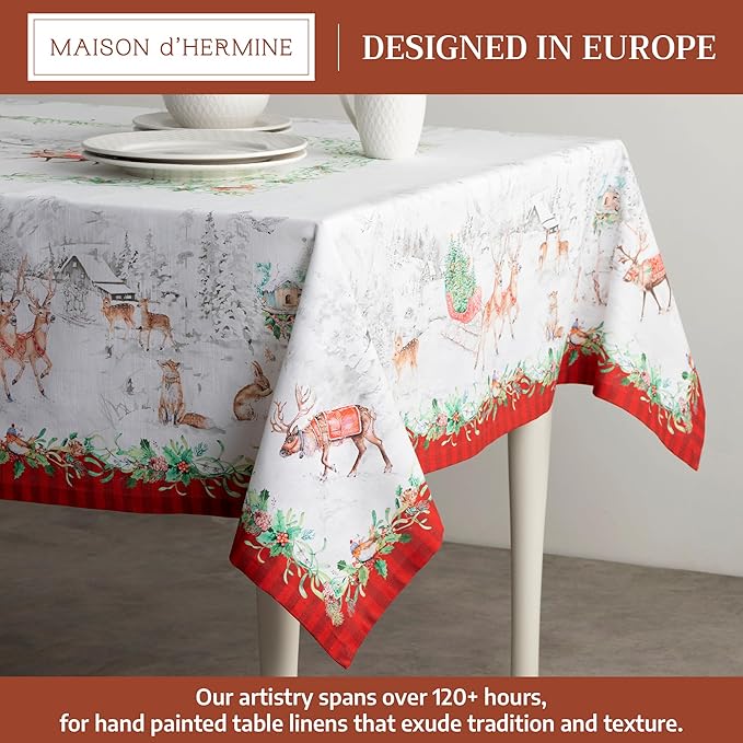 Maison d' Hermine Table Cloth Rectangle Table 100% Cotton 60 x 120 Inches Fall Tablecloth Reusable Everyday Use for Thanksgiving Christmas Decorations Dining Farmhouse Party (Christmas Tradition)