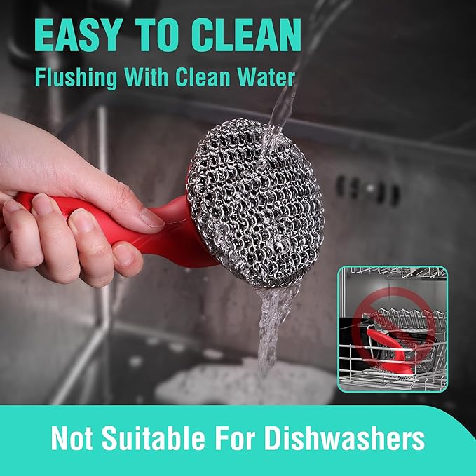 HAUSHOF Cast Iron Scrubber with Long Handle, Chainmail Scrubber Cast Iron Cleaner for Pan, Kitchen Cleaning Kit for Grill, Dutch, Oven