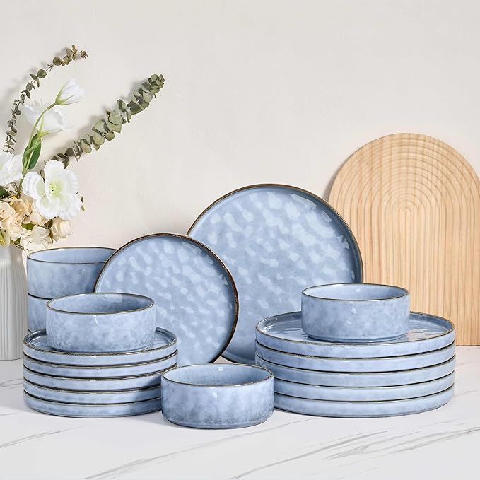 Herogo 18 Pieces Dishes Sets for 6, Stoneware Dinnerware Dishwasher & Microwave Safe, Ceramic Plates and Bowls Sets for Kitchen Restaurant, Haze Blue
