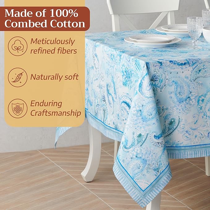 Maison d' Hermine Premium Table Cloth Rectangle Table 100% Combed Cotton 108 x 70 Inches Tablecloth Reusable Decorative for Dining Room, Farmhouse, Home, Party, Festive & Wedding - Paisley Blues