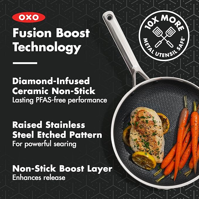 OXO Hybrid 10” Nonstick Stainless Steel Frying Pan, Durable PFAS-Free Ceramic Skillet, Stay-Cool Handle, Induction & All Cooktop Compatible, Dishwasher Safe, Mirror Polished Tri-Ply