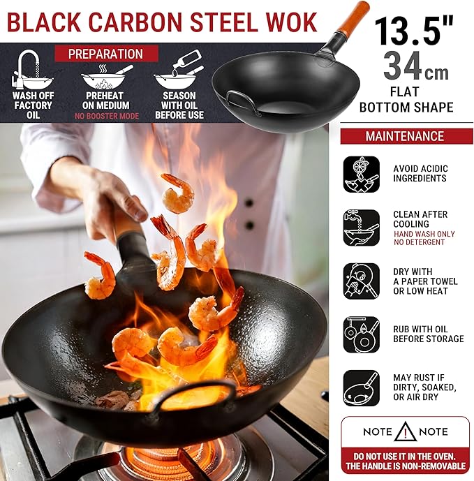 YOSUKATA Carbon Steel Wok and Stir Fry Pans 13,5 “ + 17’’ Wok Spatula and Ladle