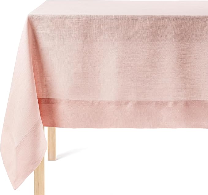 Over&Back 100%-Linen Woven Tablecloth - Colorful Dining Room Table Cover - Mitered Corner Hems - Machine Washable - Kitchen and Home Decor - Pink - 70x108