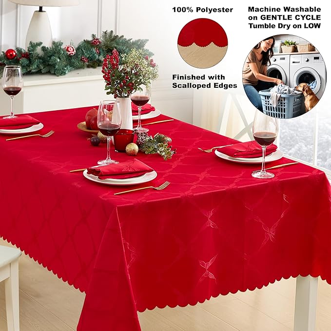 Newbridge Valentines Day Rectangle Tablecloth, 60 x 102 Inch, Ribbons and Bows Damask, Wrinkle and Stain Resistant Fabric Table Cloth, Holiday Red