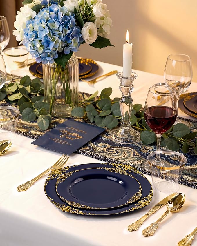 Nervure 350Pcs Blue Plastic Plates - Blue Gold Plastic Dinnerware Sets for 50 Guests - 100 Navy Gold Disposable Plates, 50 Pre Rolled Silverware, 50 Cups Perfect for Wedding & Party