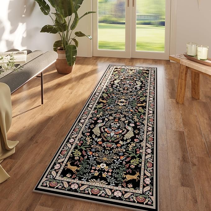 Runner Rug Washable Kitchen 2'6''x8' Rug for Entryway Indoor Floral Non-Slip Soft Carpet Runner for Hallways, Kitchen, Laundry, Bedroom, Bathroom (Vibrant Black)