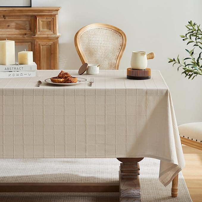 ZeeMart Linen Checked Table Cloth, Farmhouse Style Plaid Embroidered Neutral Tablecloth, Water Resistant Rectangle Table Cloth, Beige 52x70 Inches