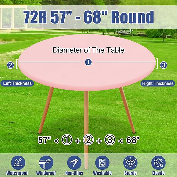 Round Spandex Valentines Day Tablecloth, Elastic Fitted Waterproof Tablecloths for 57"-68" Tables, Stretch Washable Picnic Table Cover for Camping, Dining, Indoor and Outdoor, Pink