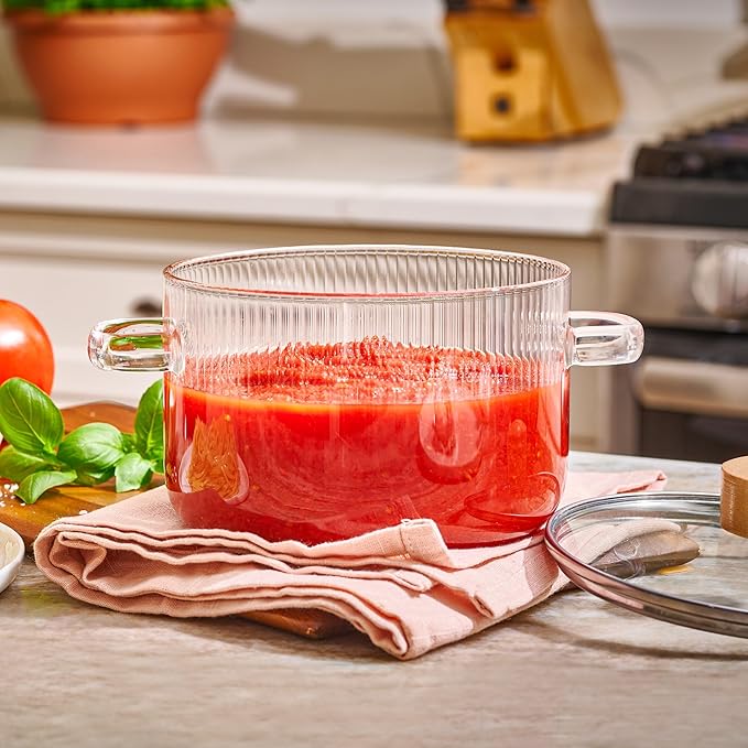 Le'raze Glass Cooking Pot with Lid - 1.6L(54oz) Heat Resistant Borosilicate Glass Cookware Stovetop Pot Set - Simmer Pot with Cover Safe for Soup, Milk, Baby Food Clear