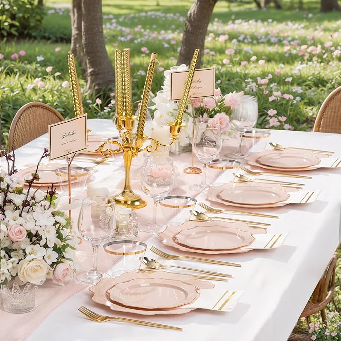 WDF 350Pcs Pink Plastic Plates - Pink and Gold Disposable Plates 50Guest Plastic Dinnerware for Baby Shower/Birthday/Wedding/Easter