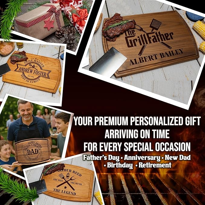 Personalized Christmas Gift for Men, Personalized Wooden Grilling Board – Custom BBQ Gift for Men: Dad, Husband, Grandpa, Father-in-Law or Him – Birthday, Anniversary, The Grillfather