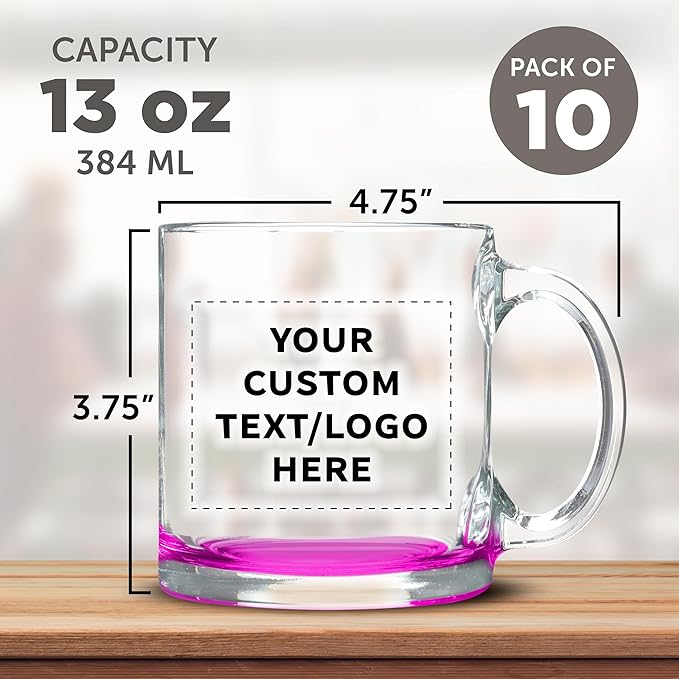 Custom Libbey Clear Glass Coffee Mugs 13 oz. Set of 10, Personalized Bulk Pack - Perfect for Coffee, Tea, Espresso, Hot Cocoa, Other Beverages - Pink Bottom
