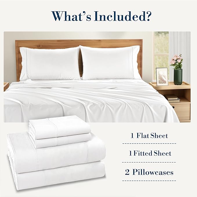 Casa Platino Twin XL Sheets Set –100% Cotton Twin XL Sheets with 2 Pillowcases, Lightweight Feel & Secure Fit, Crisp & Breathable Percale Weave with 15" Deep Pocket, Soft and Cozy – Pure White