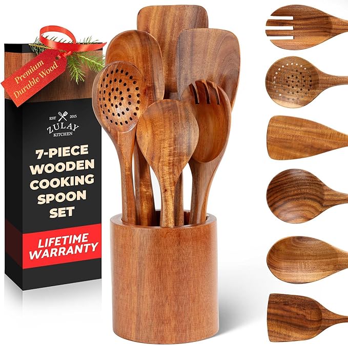 Zulay Kitchen 7-Piece Wooden Cooking Spoons Set – Heat-Resistant, Smooth Teak Utensils with Comfort Grip – Lightweight & Durable – Easy to Clean, Perfect for Non-Stick Cookware