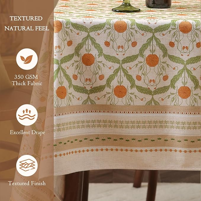 French Linen Tablecloth Rectangular, Vintage Block Print Table Cloth, Waterproof Table Cover for Picnic Dining Party Wedding, Marigold Orange, 63x91''