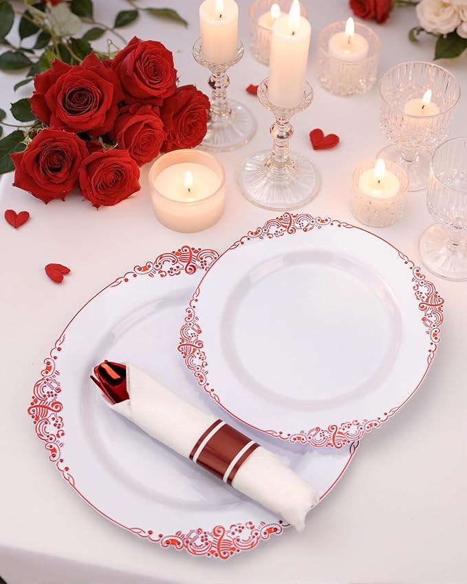 Nervure 350PCS Red Plastic Plates - White Red Plastic Dinnerware Set for 50 Guests - 100 Red Disposable Plates, 50 Pre Rolled Cutlery Set, 50 Cups Perfect for Wedding & Party & Valentine
