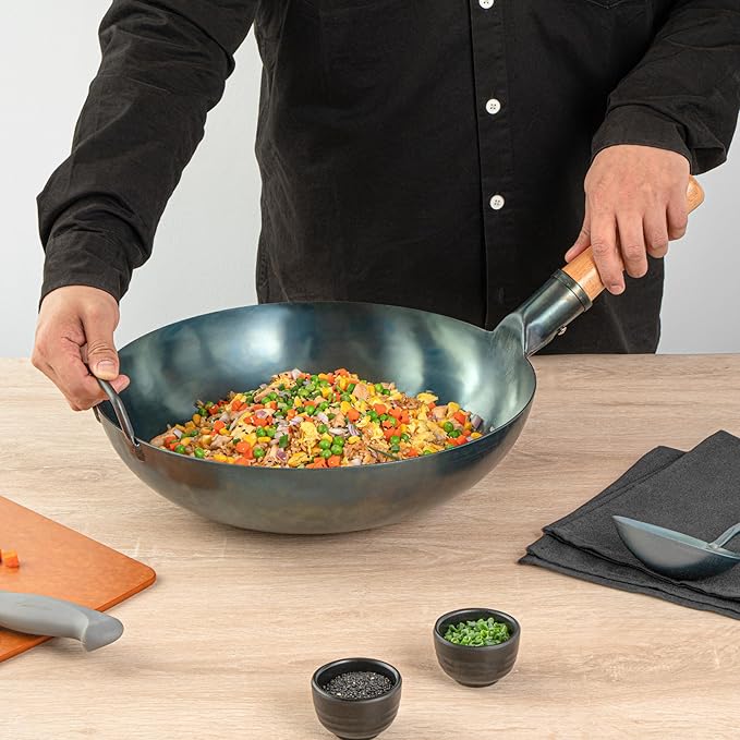 Restaurantware-Motomori 14 Inch Blue Carbon Steel Wok Pan, 1 Traditional Japanese Wok - Flat Bottom, Hand-Hammered, Carbon Steel Traditional Stir Fry Pan, With Wooden Handle