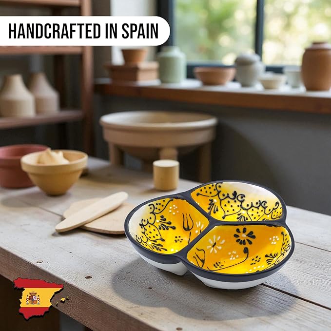 Ceramic Chip & Dip Bowl 7.5”, 3-Compartment Divided Serving Dish & Condiment Tray for Appetizers – Handmade in Spain, Lead-Free Glaze, Microwave, Oven & Dishwasher Safe