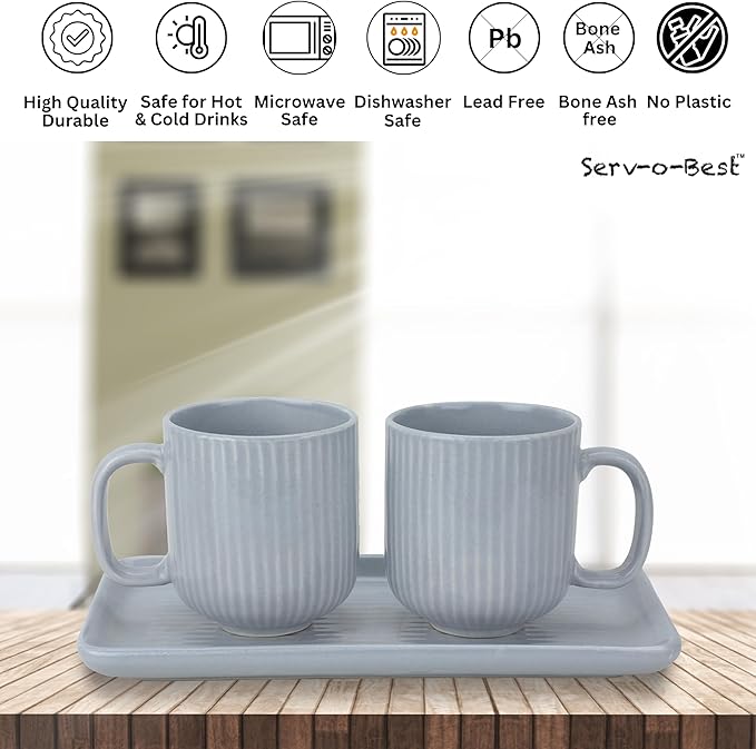 Ceramic Coffee Mugs with Handle Set – 2-Piece 11 Oz Ceramic Coffee Cups & 9" Tray, Handmade Gray Color, Microwave Safe Gift Set for Tea Lovers, Home Kitchen Décor