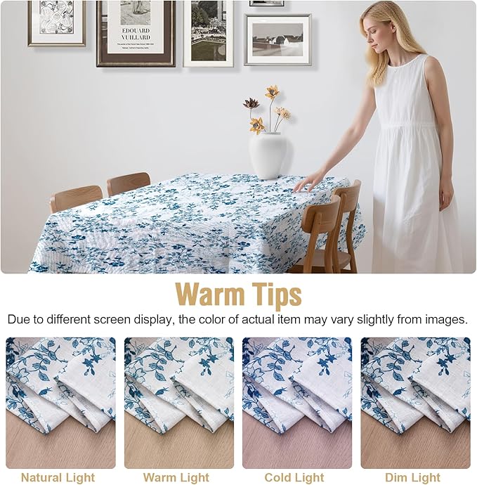 H.VERSAILTEX Linen Table Cloths Floral Printed Tablecloth Spill-Proof Waterproof Table Cover for Dining Buffet Feature Soft and Thick Fabric Wrinkle Free, 60 x 84 Inch, Retro Floral - Stone Blue