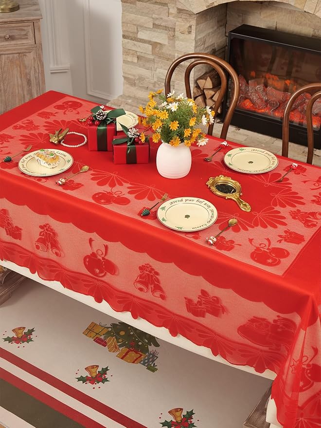 Jayla Christmas Red Lace Tablecloth, Vintage Red Lace Rectangular Tablecloth for Party Picnic Dinner Decor, 60 x 120 Inches
